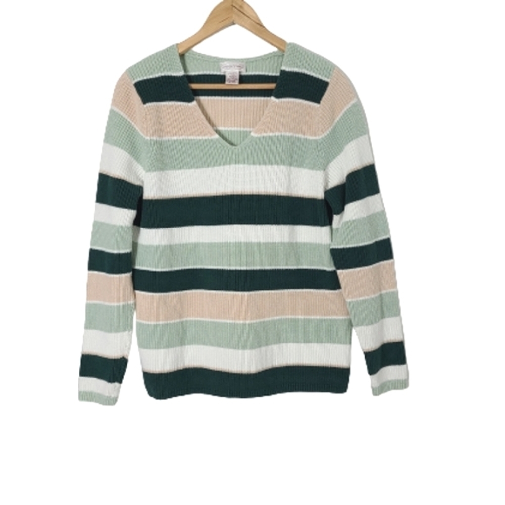 Vintage Northern Reflections Striped V-neck Cotton Sweater Women's Size XL